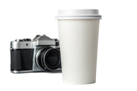 Coffee cup and vintage camera isolated on transparent background, capturing a moment of inspiration and creativity with a blend of classic and modern elements