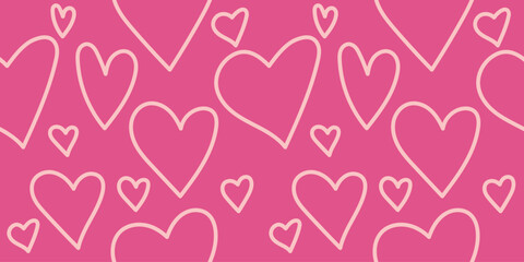 Seamless pattern of pink outline doodle hearts or love. Cute and romantic vector design background. Horizontal or landscape.