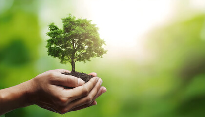 tree growing on soil in hand holding with sunshine background. eco environment concept