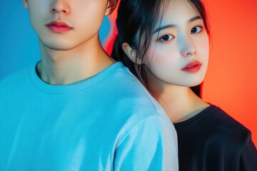 Studio Portrait of Young Asian Couple with Colorful Background