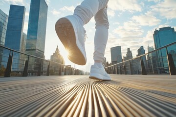 Runner sneakers mid-stride on urban boardwalk