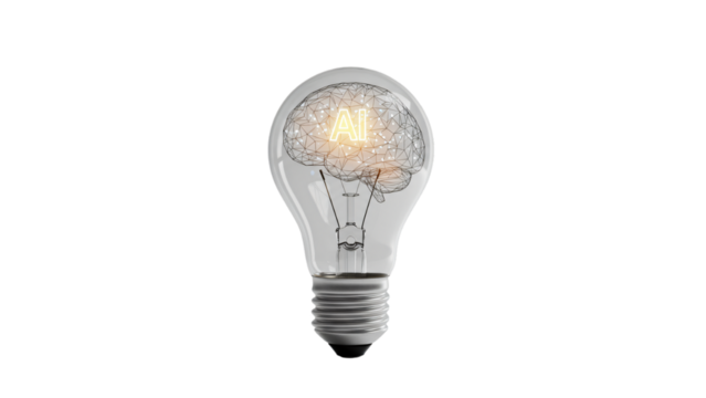 Ai brain inside a lightbulb, representing artificial intelligence and innovative technology isolated on transparent background
