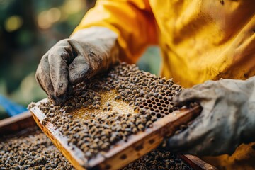 Beekeeper Harvesting Honey from Natural Hive