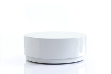 Empty white podium or pedestal display with a smooth, shiny surface and a cylinder stand, creating a clean and modern space for showcasing a product or award.