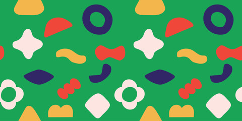 Seamless abstract simple colorful organic shapes pattern.  Flat illustration pattern vector design. Blue, yellow, orange, green, and white. Landscape or horizontal.