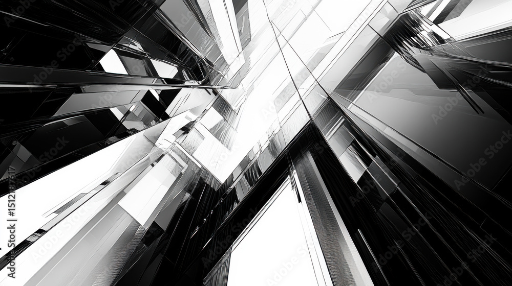 Poster abstract composition of sharp glass-like structures creating a dynamic perspective in black and whit