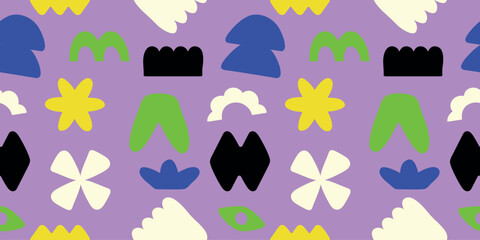 Seamless abstract simple colorful organic shapes pattern.  Flat illustration pattern vector design. Blue, yellow, purple, white, and green. Landscape or horizontal.