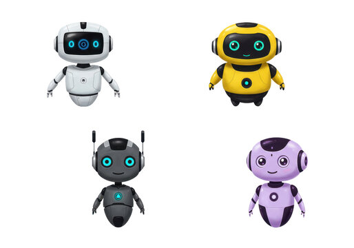 Four stylized robots against dark background