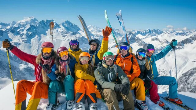 A group nine smiling skiers colorful ski gear are gathered snow-covered mountain. The group poses for skis , poles against backdrop clear blue skies , stunning mountain scenery.