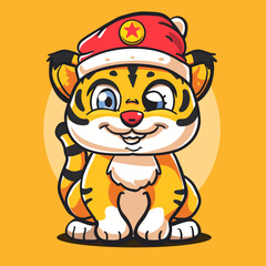 Cute Cartoon Tiger Winking in Santa Hat