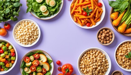 Variety Of Fresh Healthy Ingredients Including Vegetables And Legumes On A Light Purple Background