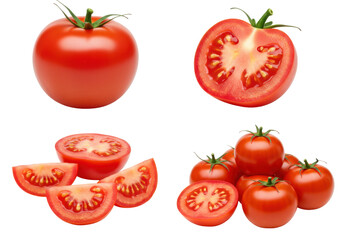 Fresh tomato in various cuts whole sliced and diced display