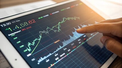 Stock Market Analysis on Tablet: A person's hand interacts with a tablet screen displaying dynamic stock market data and trends.