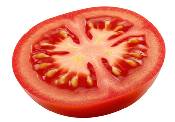 Halved tomato macro image showing red flesh seeds and textured surface