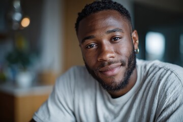A serene portrait of a man with a beard smiling warmly in a cozy home environment, reflecting a comfortable lifestyle filled with positivity and inner peace.
