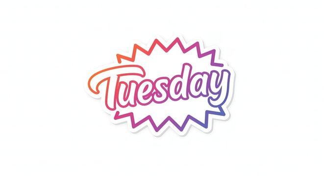Vibrant gradient 'Tuesday' sticker with jagged border, ideal for playful digital planning or social media graphics