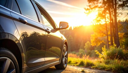 Serene Sunset Drive: Car parked by autumn trees at golden hour.