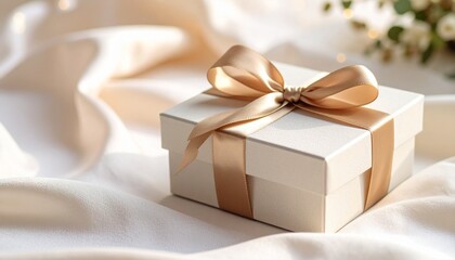Elegant Gift Box with Beige Ribbon on Soft Fabric.