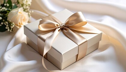 Elegant Champagne Gift Box with Satin Ribbon and Roses.
