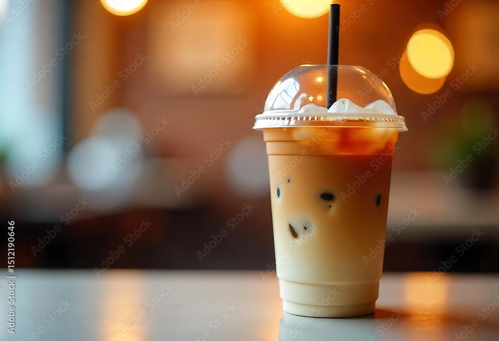Poster generative ai image of refreshing iced latte with caramel drizzle artfully positioned on a cafe tabl