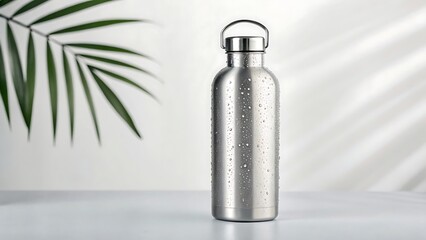 A high-resolution photo of a stainless steel water bottle, isolated on a clean white background with soft studio lighting