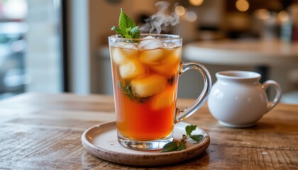 Iced Tea with Mint Leaves and Steam Rising in a Clear Glass on a Wooden Table in a Caf&eacute;