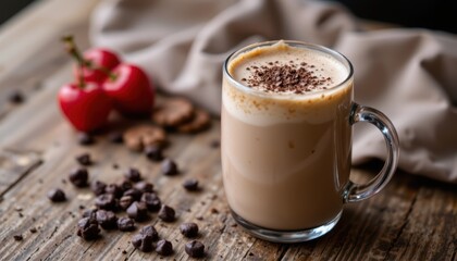 Warm Chocolate Coffee with Cookies and Fresh Apples on Rustic Wooden Table in Cozy Setting