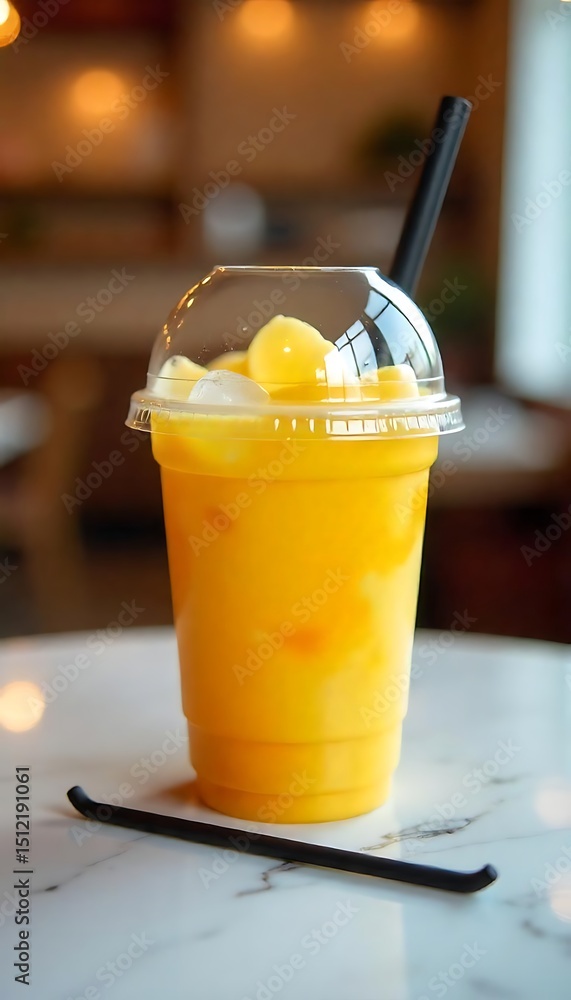 Poster generative ai delicious mango smoothie with ice and a straw on a cafe table