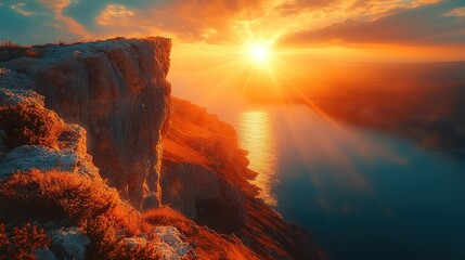 Dramatic sunset over a rocky cliff overlooking a tranquil sea