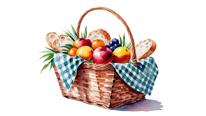 Watercolor style illustration of picnic basket filled with fresh fruits, bread, and greenery, placed on blue checkered cloth, evoking cheerful and rustic vibe