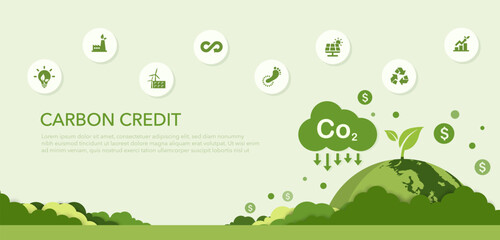 Carbon credit Concept. about the amount of Limit greenhouse gases for the environment and reducing carbon dioxide emissions in various industrial sectors. Green vector illustration.
