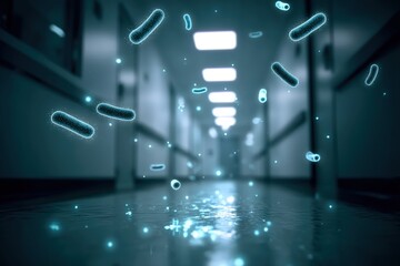 Floating bacteria and viruses in a hospital hallway, highlighting infection risks and the importance of cleanliness in healthcare environments.