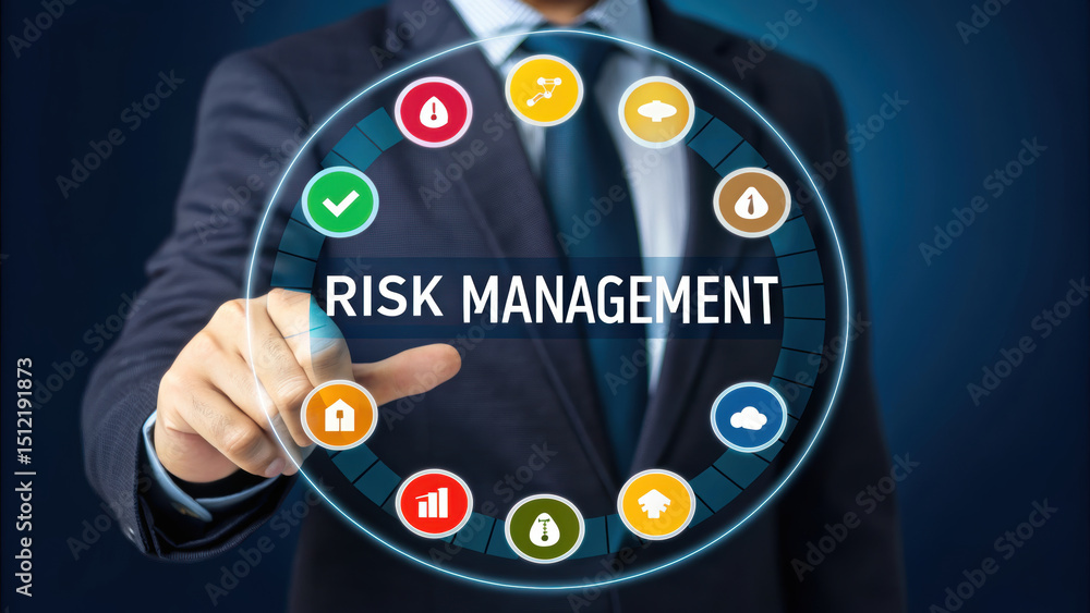 Poster businessman interacting with virtual screen displaying risk management concepts, showcasing various 