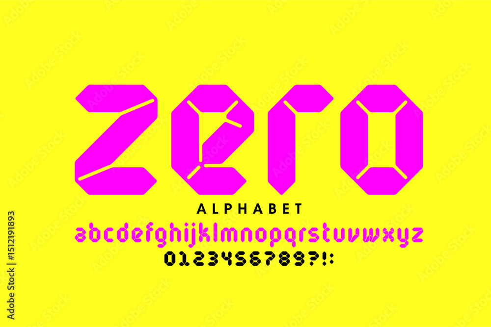 Poster zero. digital style font, alphabet letters and numbers vector illustration