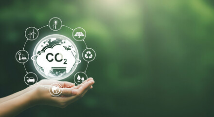 Hands Holding Global CO2 Reduction & Sustainability Icons