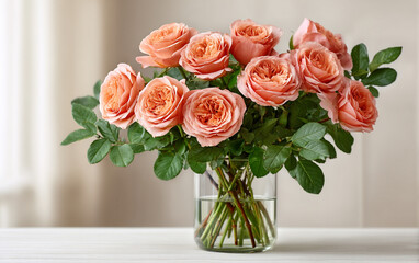 Rose bouquet arranged in a clear glass vase, centered under soft lighting in a clean white studio setting. Elegant and minimal floral composition perfect for decor, editorial, or design projects.

