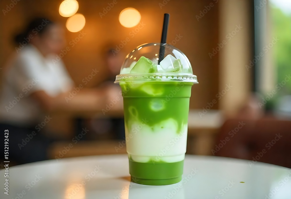 Poster generative ai refreshing matcha latte with ice on a cafe table scene