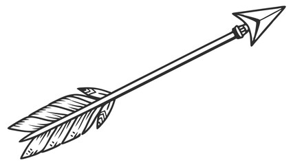 Hand-Drawn Black and White Arrow Illustration with Classic Feather and Pointed Tip for Vintage or Tribal Design Concepts