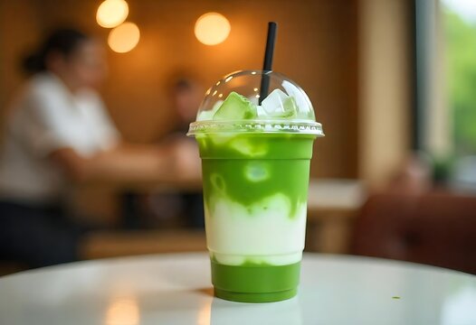 Generative AI Refreshing matcha latte with ice on a cafe table scene