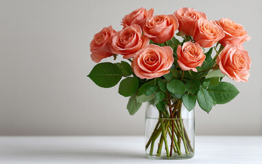 Fototapeta premium Rose bouquet arranged in a clear glass vase, centered under soft lighting in a clean white studio setting. Elegant and minimal floral composition perfect for decor, editorial, or design projects.