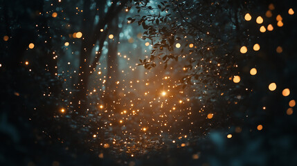 Bright blue stars illuminate a cold winter night through rain drops on a window, creating a magical light particle design and snowflake pattern illustration