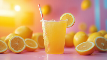 Refreshing Lemonade Drink with Ice in Plastic Cup, Surrounded by Lemons and Oranges on Pink Background