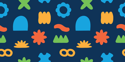 Seamless abstract simple colorful organic shapes pattern.  Flat illustration pattern vector design. Blue, yellow, orange, and green. Landscape or horizontal.