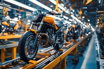 Obraz premium Motorcycle production on factory assembly line