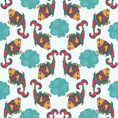 Fototapeta premium Seamless Folk Art Fish Pattern Design