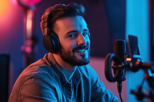 Man hosting podcast with headphones in recording studio