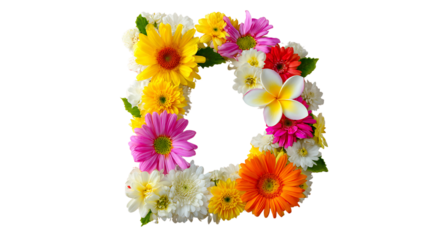 Letter d made of colorful flowers isolated on transparent background, including gerberas, chrysanthemums, dahlias, and plumeria