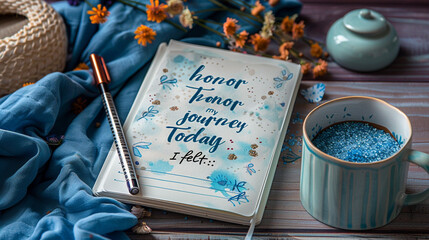 Gentle mindfulness journal page for adults over 40 with prompts like "I honor my journey" and "Today I felta??" in a soft, calming design.