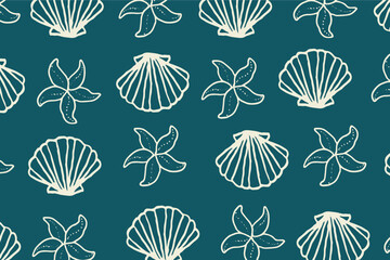Seashell and starfish seamless pattern hand drawn vector illustration