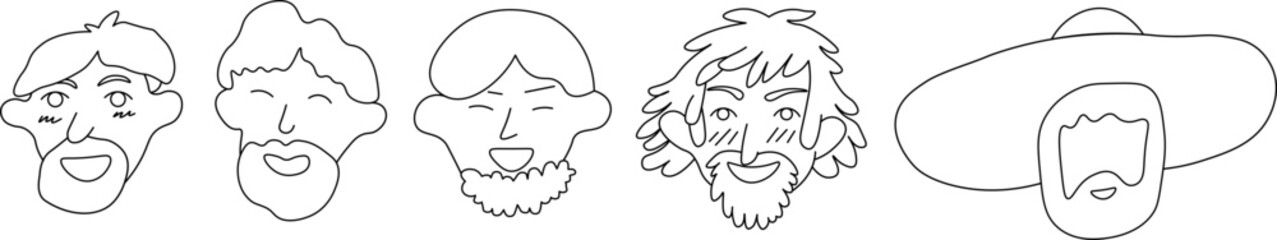 male portrait set in linear doodle style. illustration for postcard sticker poster print icon design mail